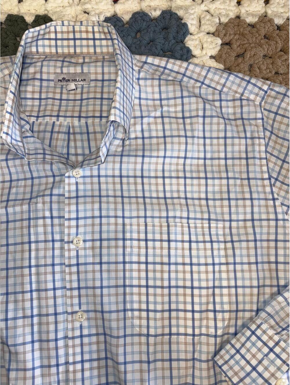Peter Millar Mens Button Up Dress Shirt XL Checkered Luxury Long Sleeve Polo